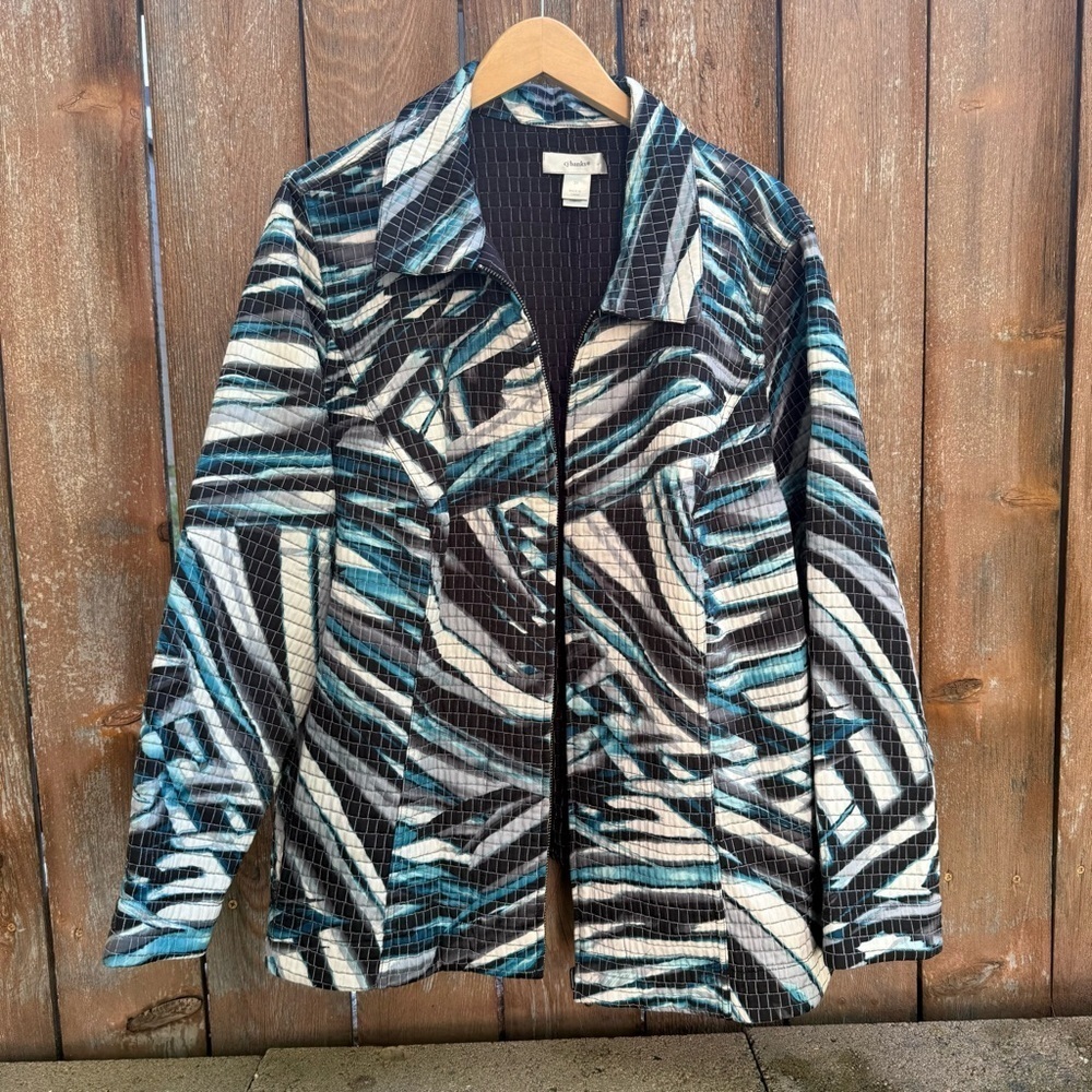 CJ BANKS Women’s Black Teal Striped Quilted Full Zip Jacket Blazer Size 3X